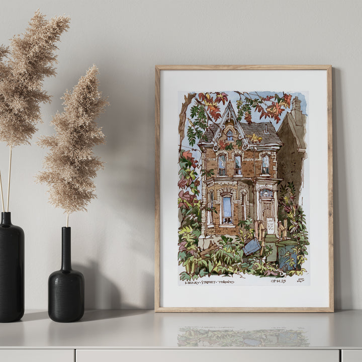 Victorian house Toronto Poster in a glass frame with black mantel bottle