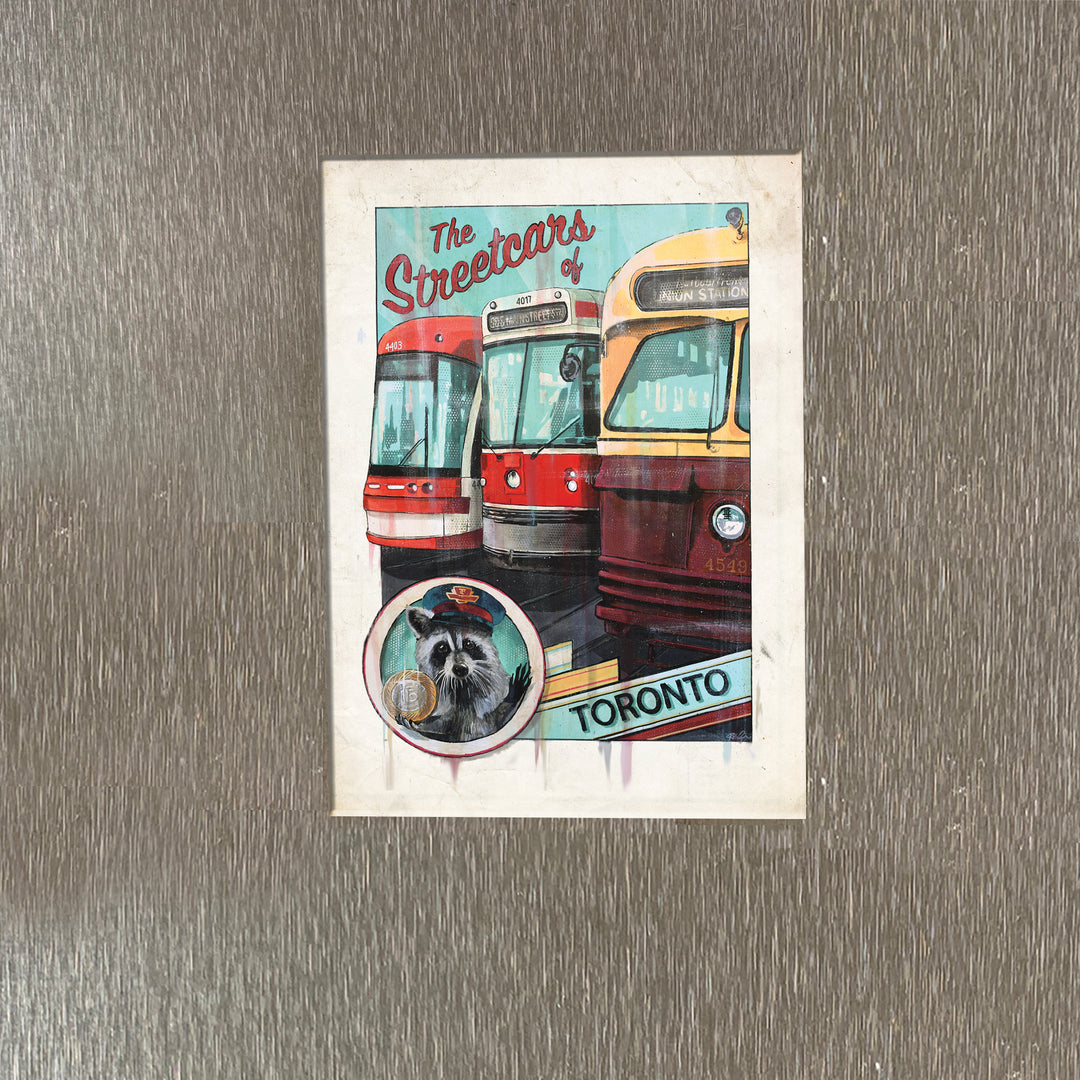 Toronto Streetcar Fridge Magnet with Racoon Conductor on Fridge