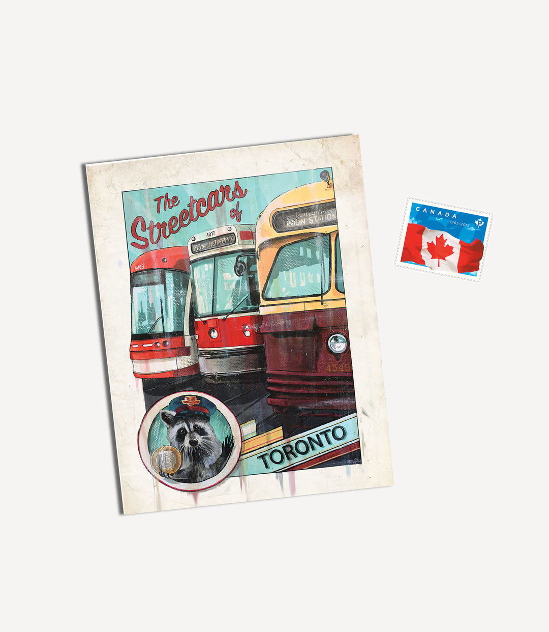 Toronto Streetcar Postcard with Racoon Conductor and Canadian Stamp