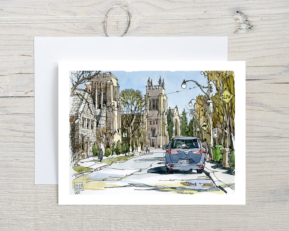 Toronto Street with Church  Greeting Card Grey Flatlay on a white wood Desk