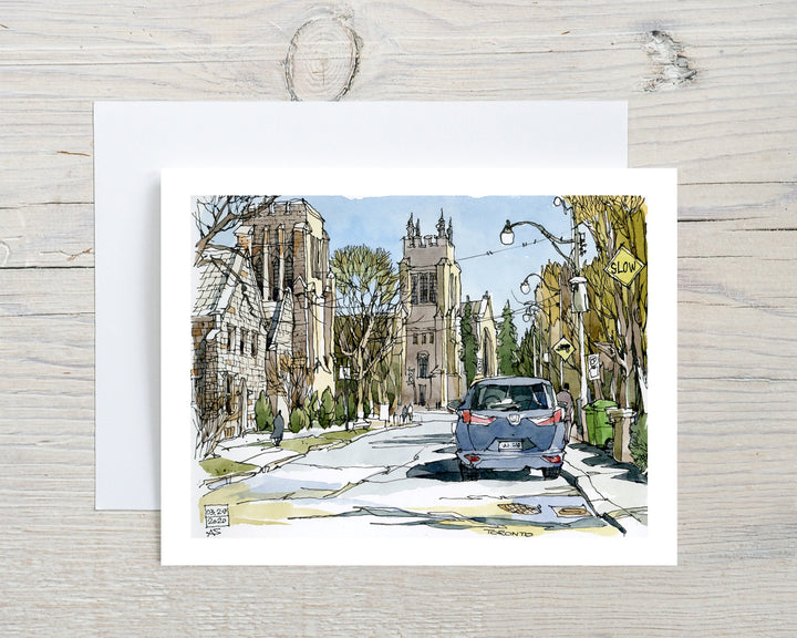 Toronto Street with Church  Greeting Card Grey Flatlay on a white wood Desk