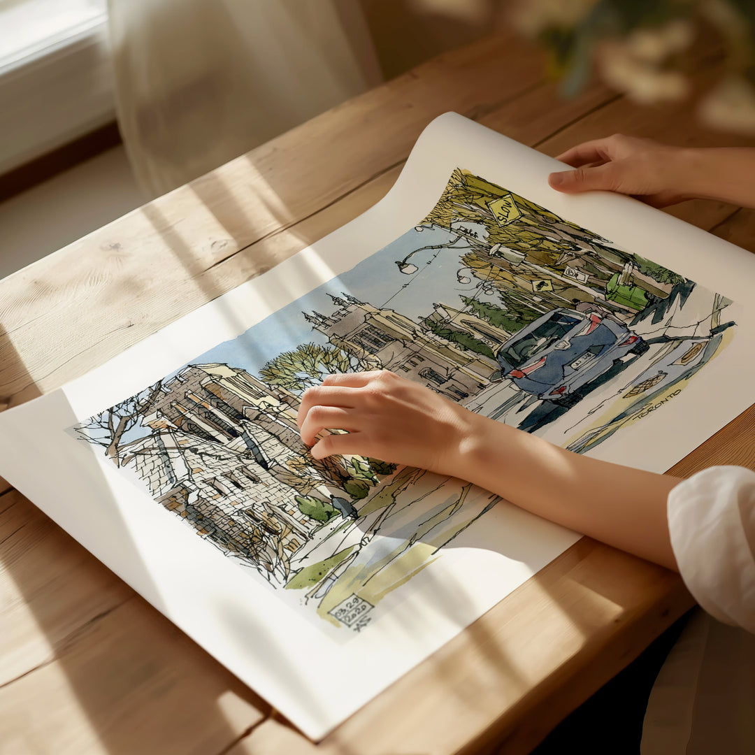 Toronto Street with Church Poster Toronto Poster being unrolled on sunlight dappled desk