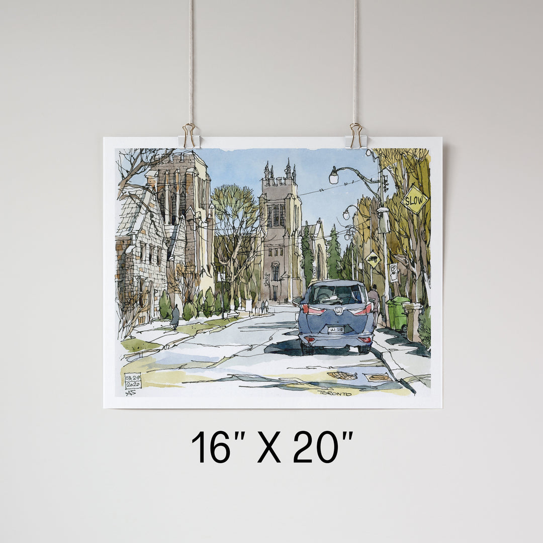 Toronto Street with Church Poster landscape hung up by clips 16X20''