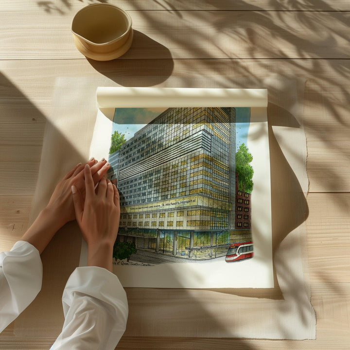 Beautiful illustration of St. Michaels Hospital Peter Gilgan Patient Care from Toronto Art Shop on a wooden desk, dappled in sunlight. 