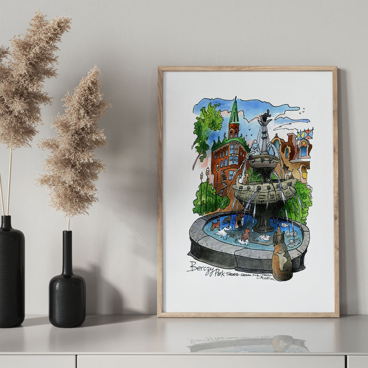 Berczy Park Poster in a glass framed and black mantel bottle. 