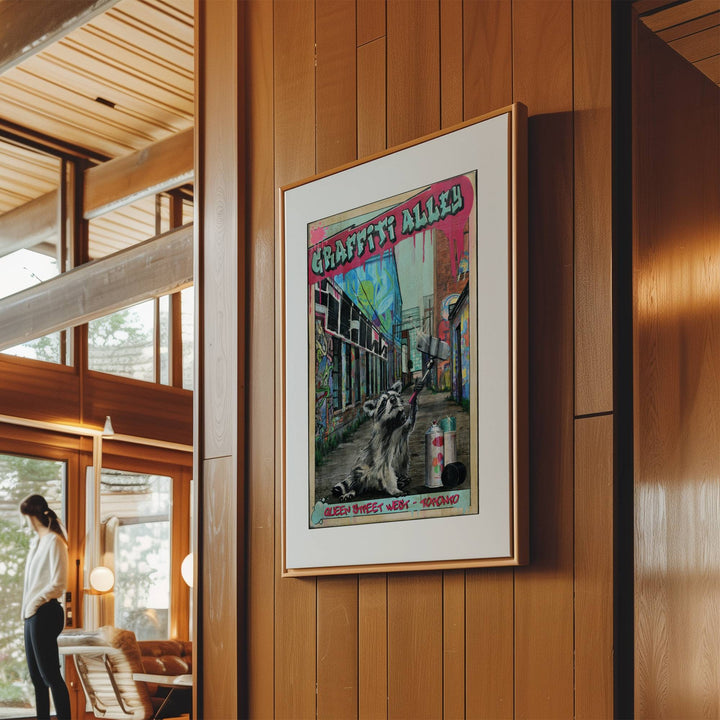 Graffiti Alley Canvas Framed art print in a wood panelled cottage.