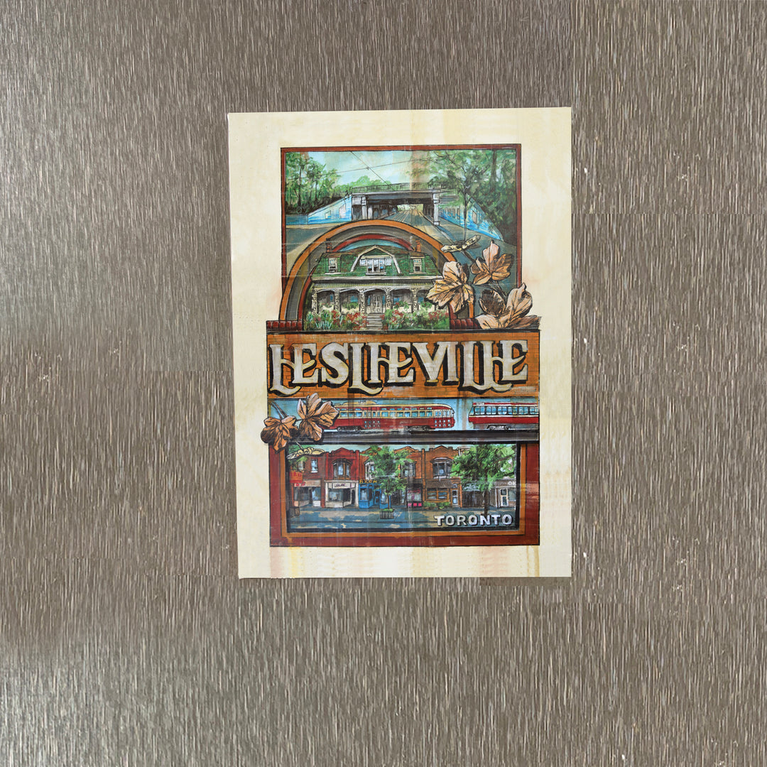 Leslieville Toronto Fridge Magnet on stainless steel refrigerator