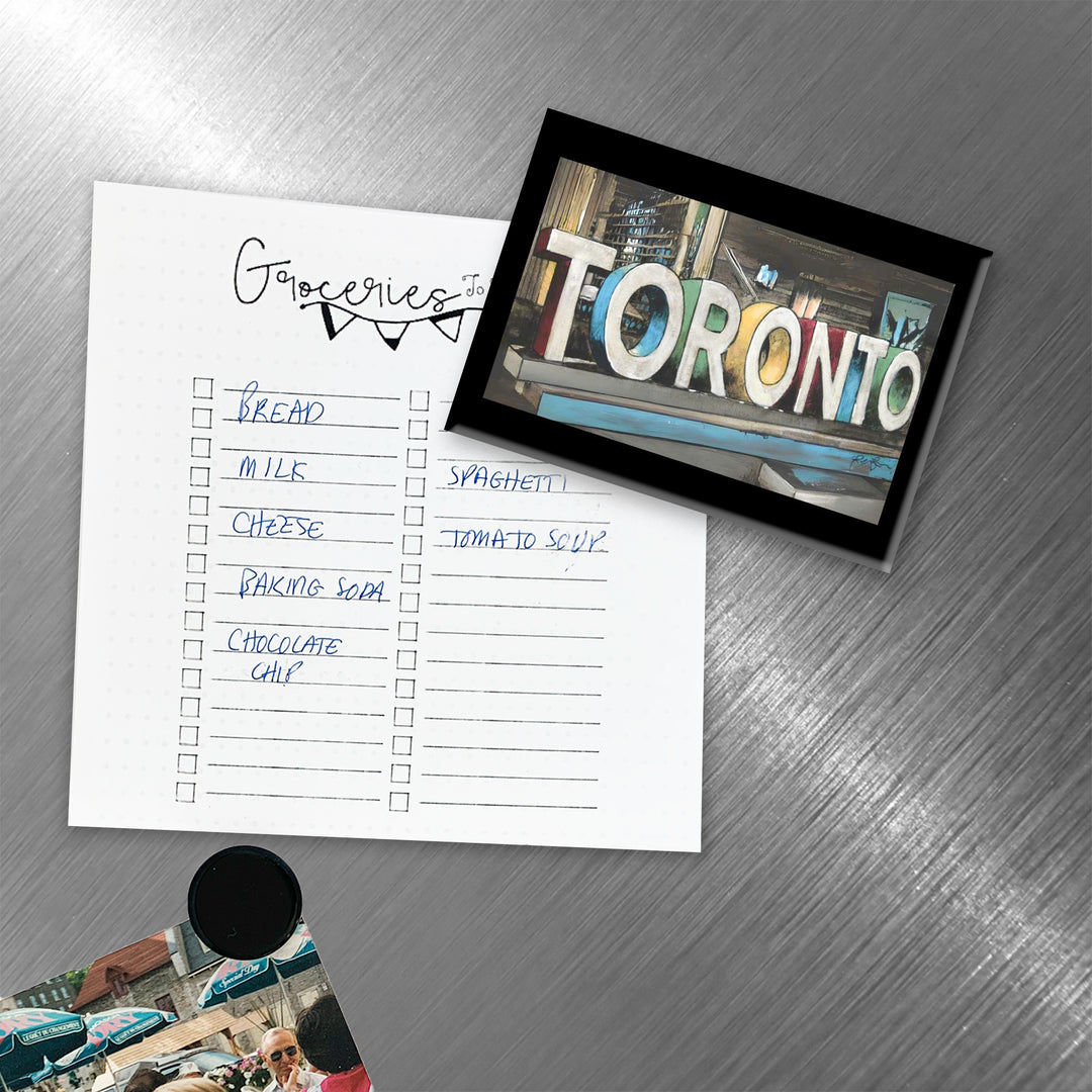 Toronto Sign Fridge Magnet on fridge with grocery list