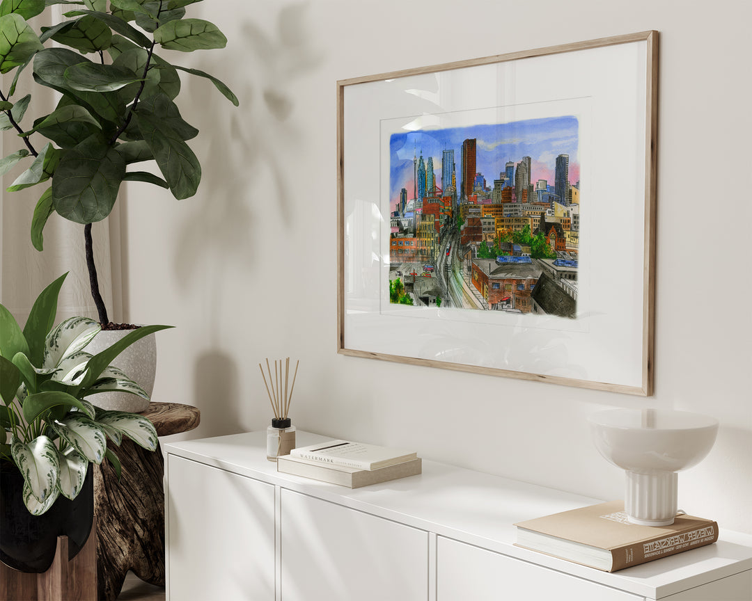 Toronto Skyline looking west poster in glass frame on mantel 