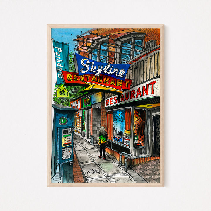 Skyline Restaurant Poster in a glass frame