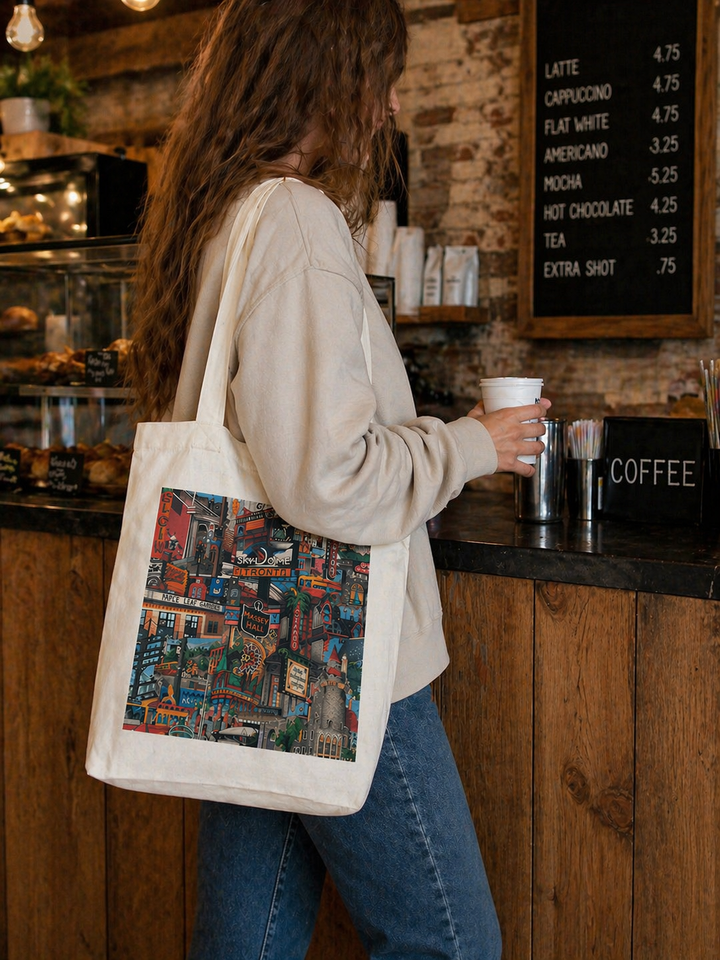 Lady in coffee shop with My Toronto Tote Bag Souvenir Gift 
