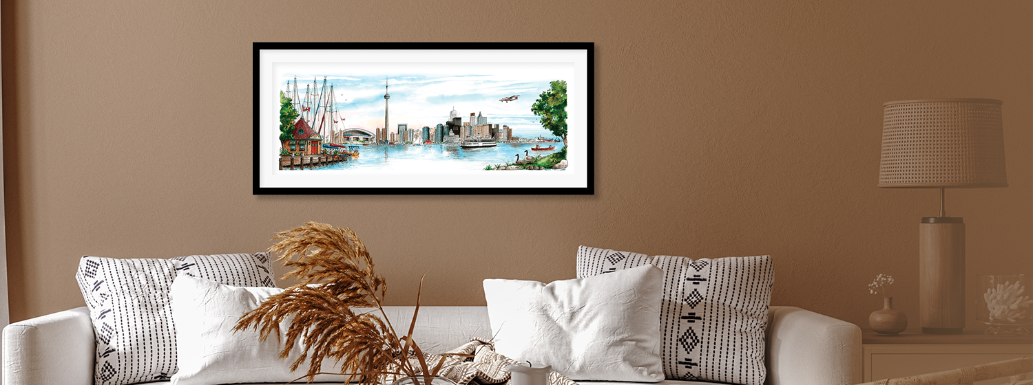 Skyline of Toronto Framed Art Print in sumptuous beige room with comfy couch 