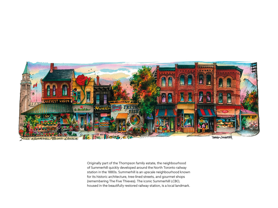 Colorful illustration of a street scene with buildings and shops, featuring text about Summerhill neighbourhood.