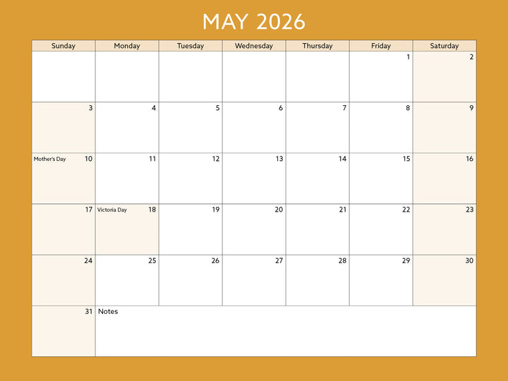May 2026 calendar on a yellow background
