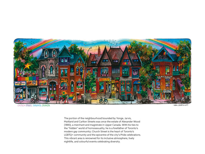 Colorful mural of a street scene with buildings and rainbow elements, featuring text about a neighbourhood.