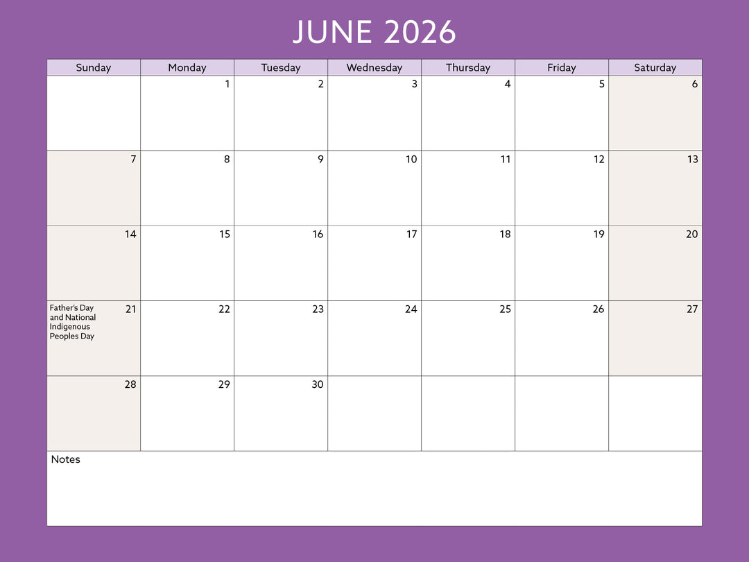 Calendar for June 2026 with a purple background
