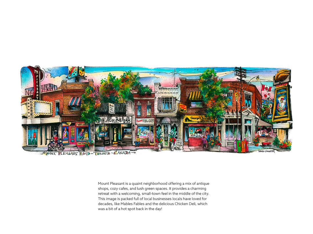 Colorful illustration of a quaint neighborhood with shops and cafes.