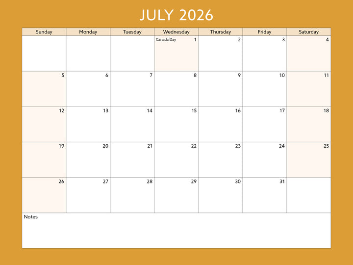 Calendar for July 2026 with a yellow border