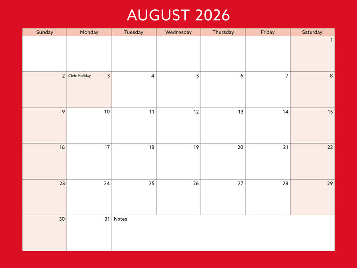 Calendar for August 2026 on a red background