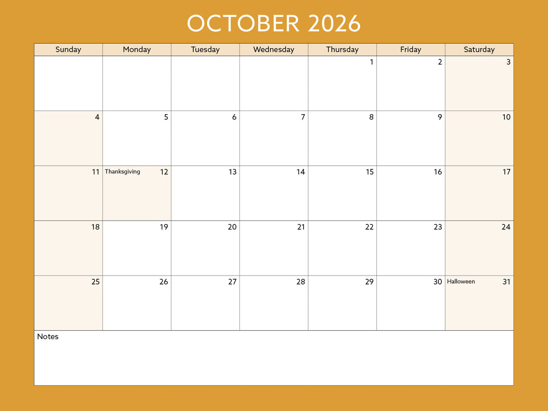 Calendar for October 2026 on a yellow background