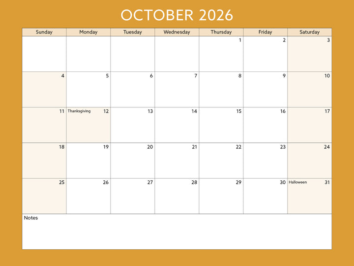 Calendar for October 2026 on a yellow background