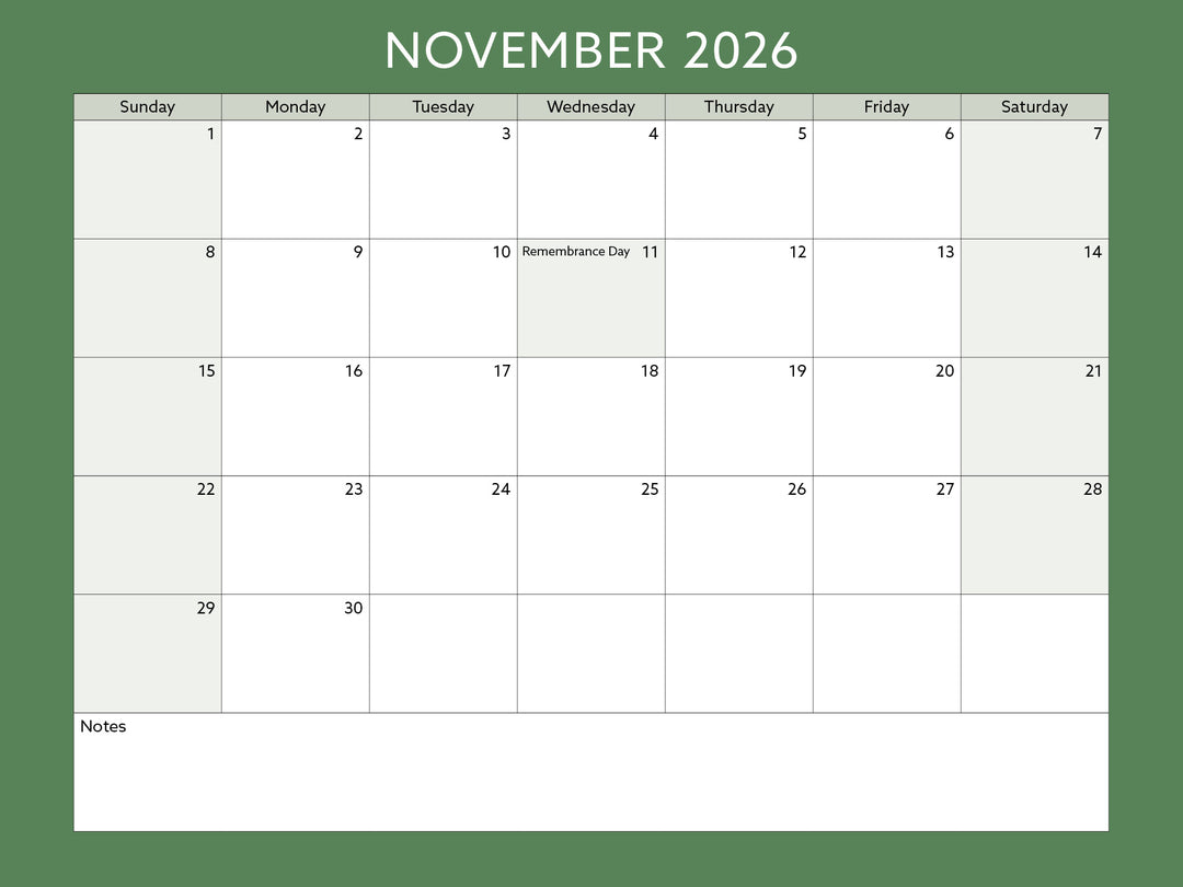 Calendar for November 2026 with a green background