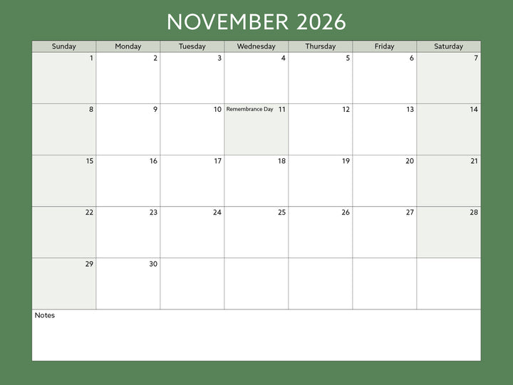 Calendar for November 2026 with a green background