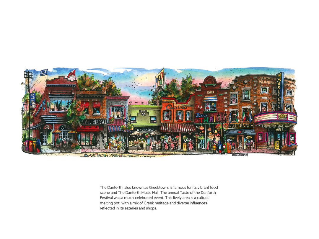 Colorful illustration of a street scene with buildings and people, featuring text about the Danforth district.