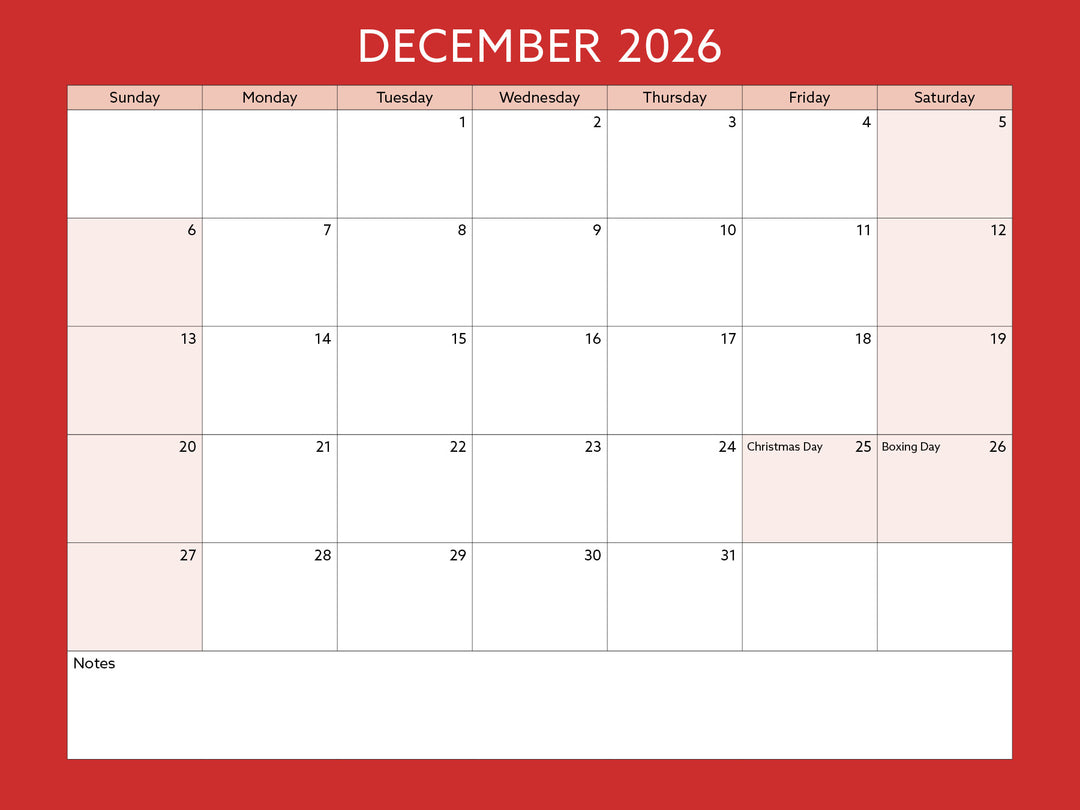 December 2026 calendar on a red background