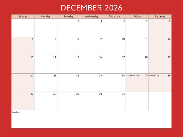 December 2026 calendar on a red background
