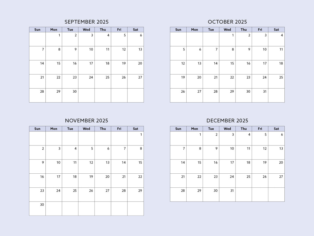 Calendar grid for September to December 2025 on a light purple background