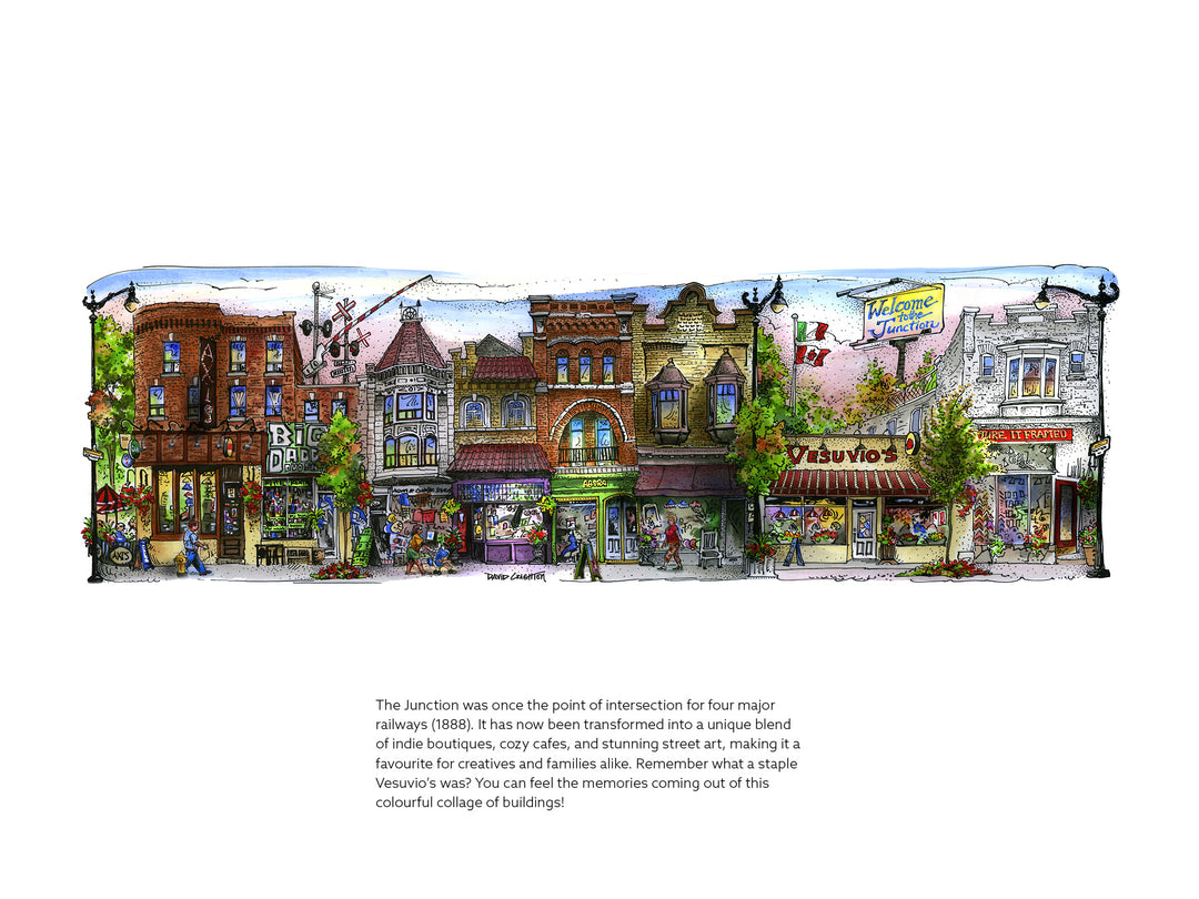 Illustration of a colorful street scene with buildings and people, featuring text about the area's history.