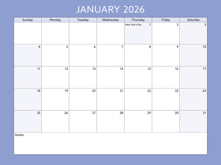 January 2026 calendar on a blue background