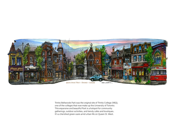 Pouch with a scenic design of a street scene featuring buildings and a bus.