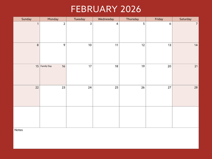 February 2026 calendar on a red background