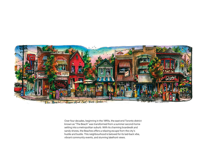 Colorful illustration of a street scene with buildings and text on a white background