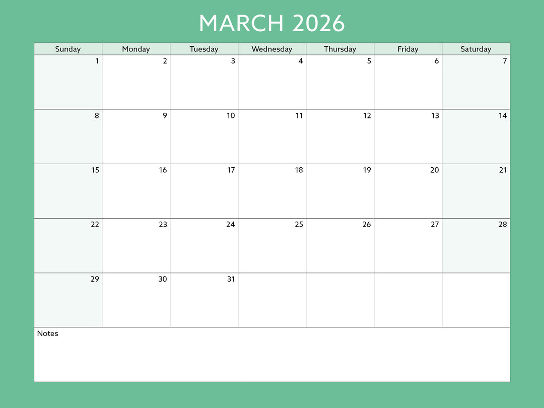 March 2026 calendar on a green background