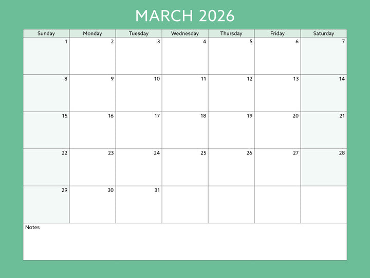 March 2026 calendar on a green background