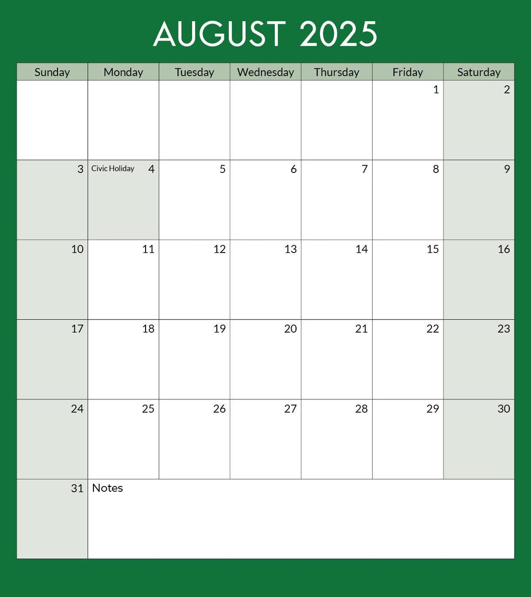 Toronto Landmarks Calendar Page: August 2025