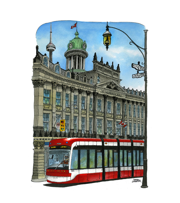 Illustration of a red and white tram in front of a large building with architectural details.