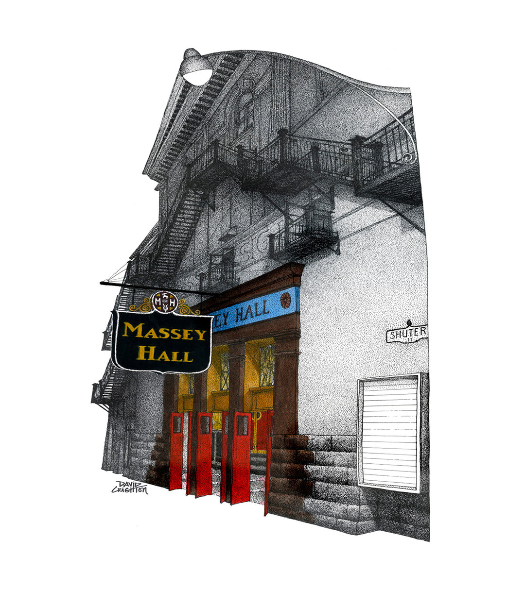Illustration of Massey Hall with a black and white exterior and colorful entrance.
