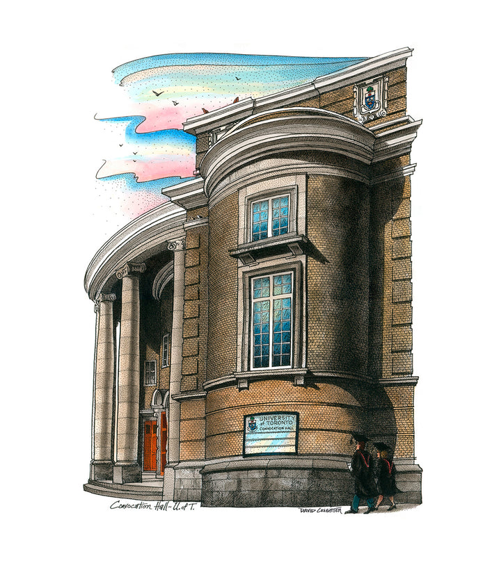 Illustration of a classical building with decorative elements and a colorful sky. Convocation Hall. 