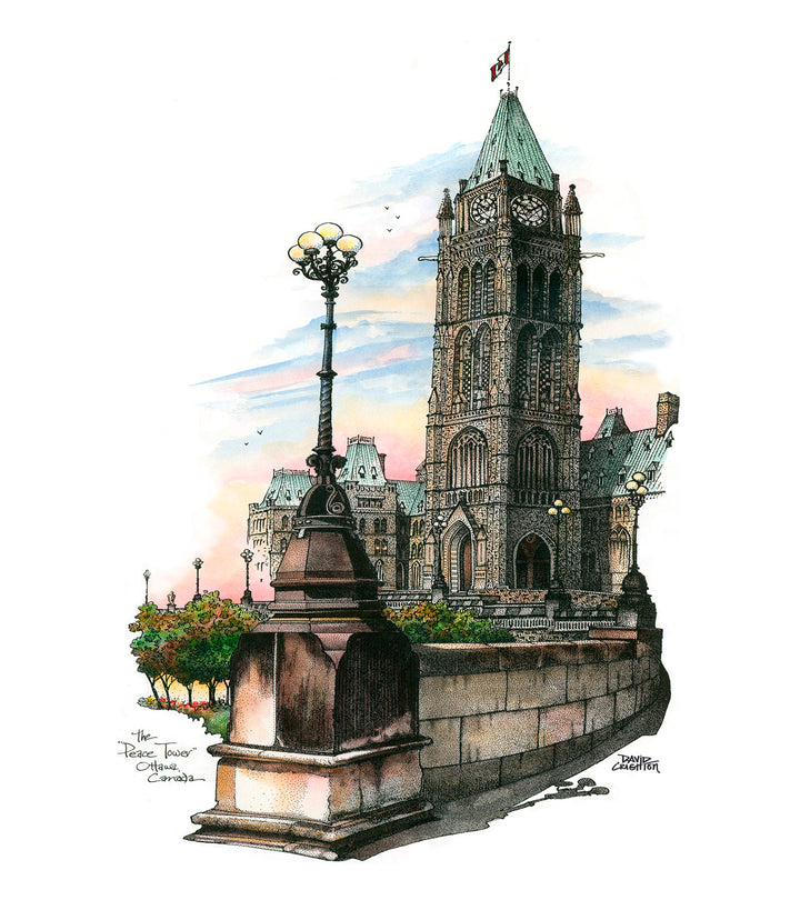 Illustration of a clock tower with decorative elements on a white background. The Peace Tower Ottawa. 