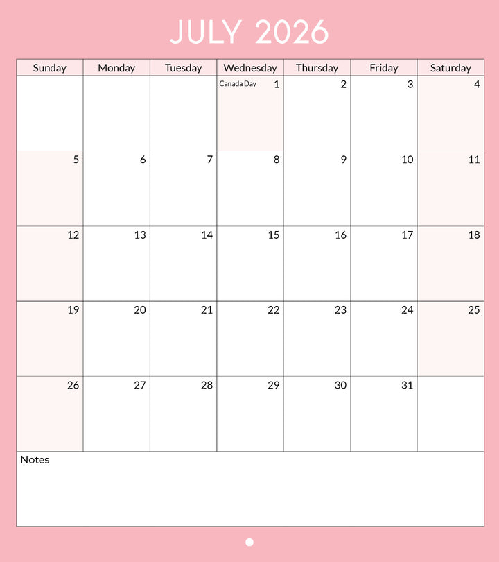 Calendar for July 2026 with a pink border and gradient background.