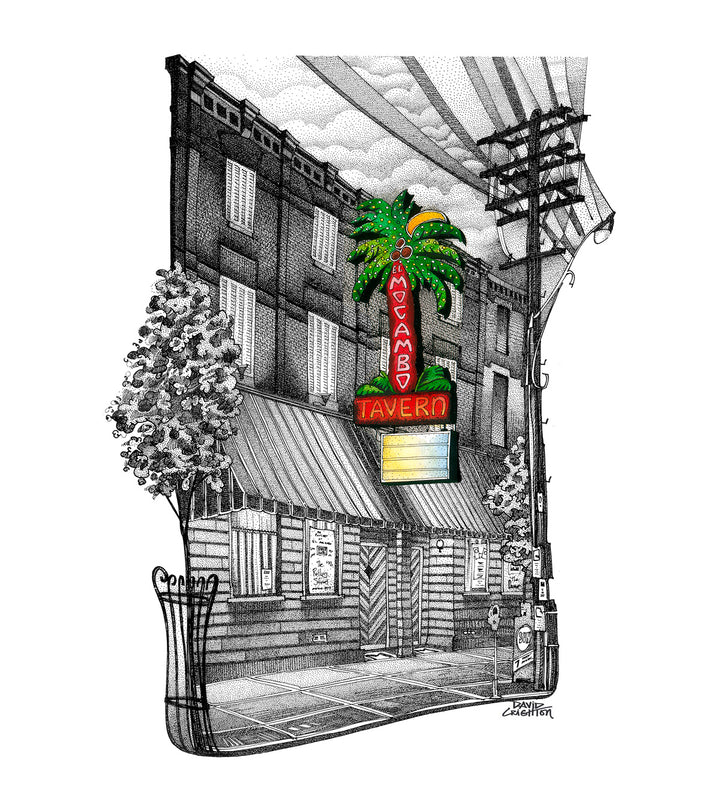 Illustration of a street scene with a palm tree-themed tavern sign. El Mocambo Tavern