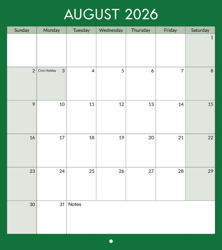Calendar for August 2026 with a green border