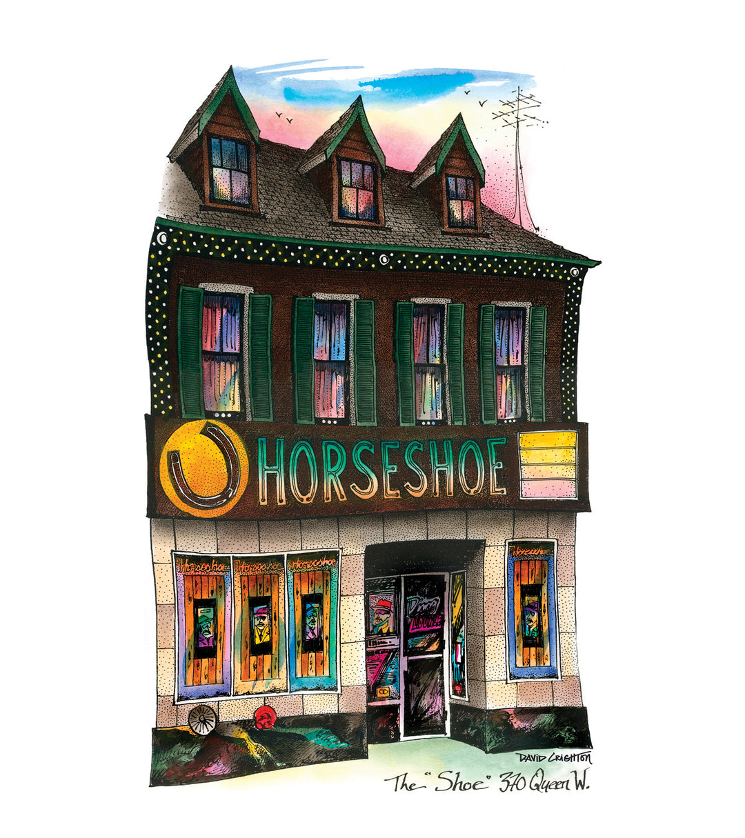 Illustration of a three-story building with a sign reading 'Horseshoe' on a white background. Horseshoe Tavern. 