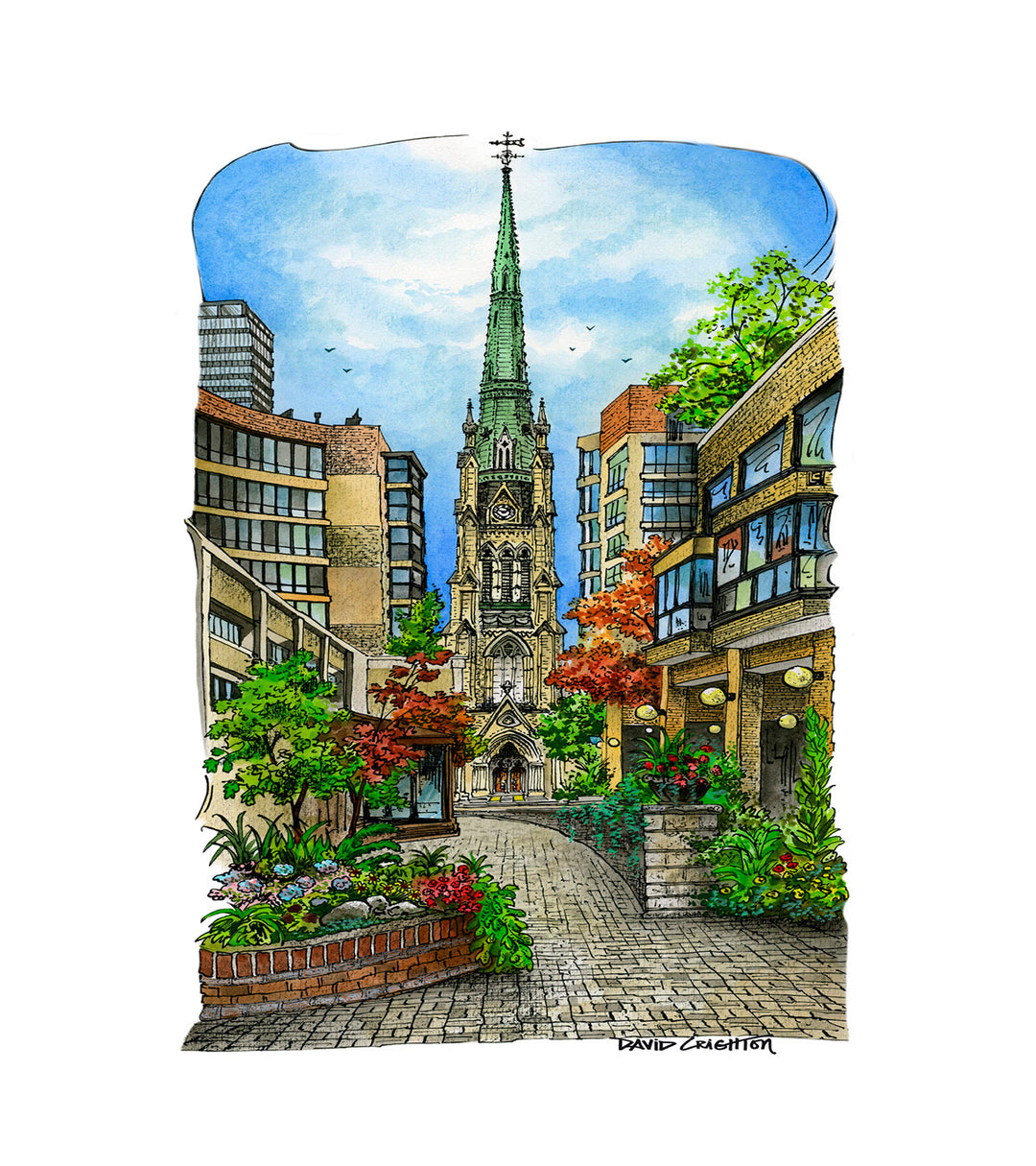 Illustration of a city street with a prominent church spire and buildings.