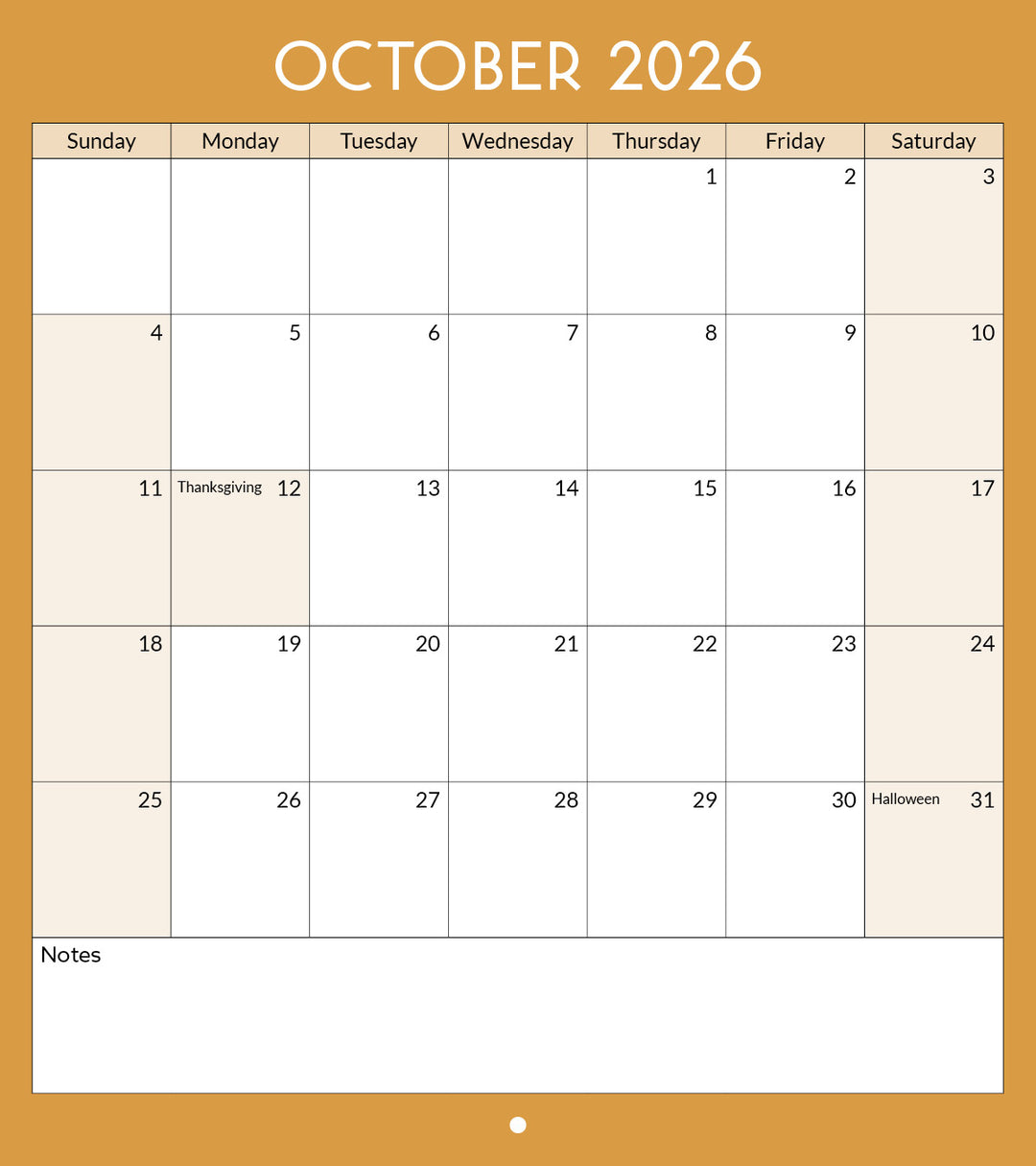 Calendar for October 2026 with a beige background and brown border.