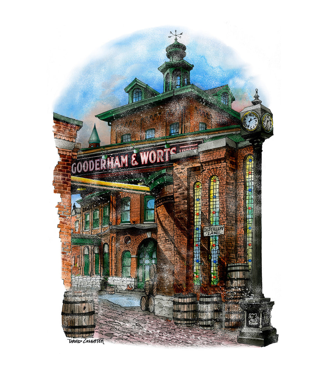 Illustration of a brick building with 'Gooderham & Worts' sign, surrounded by barrels and a clock tower. Distillery District. 